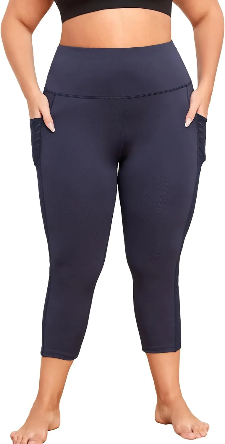Plus Size Capri Leggings for Women with Pockets L-5X Workout Leggings Black Mesh Yoga Pants High Waisted Tummy Control