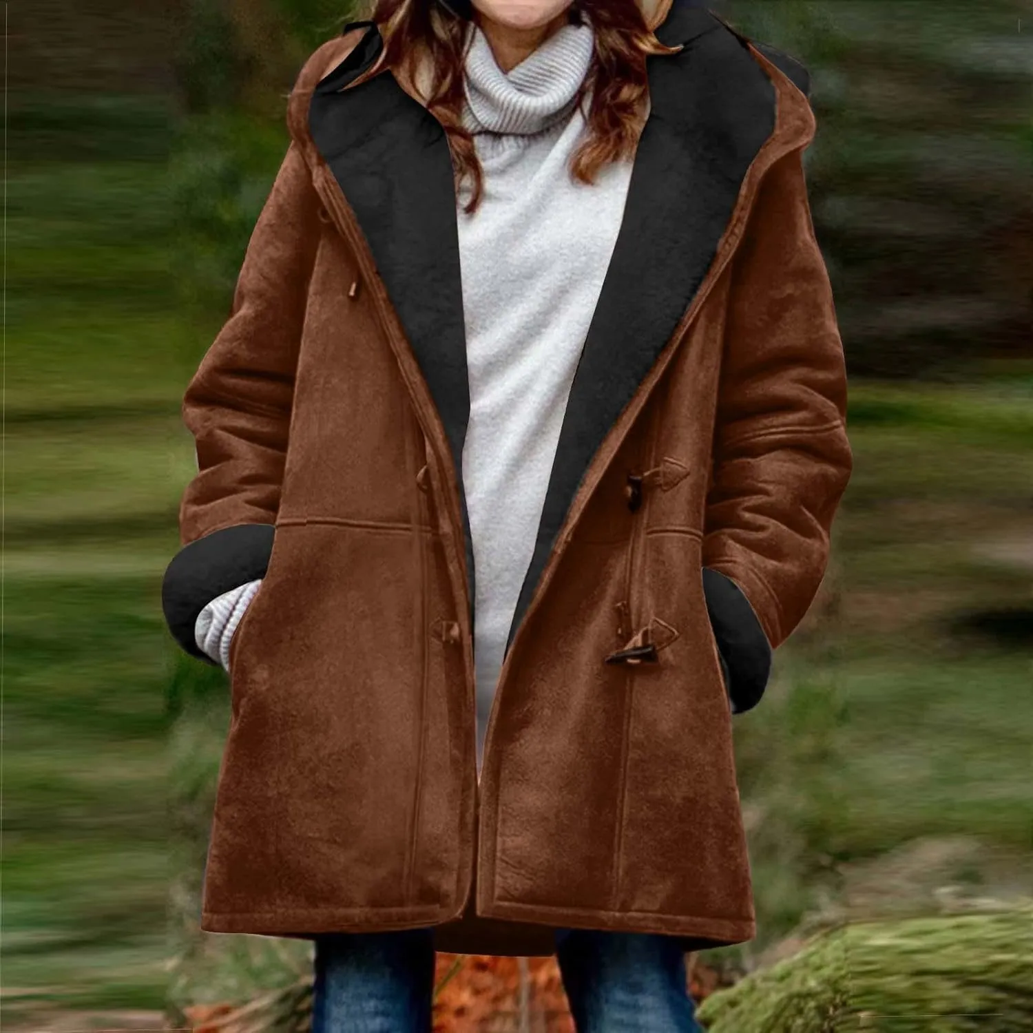 Plus Size Winter Coats For Women 2024 Warm Sherpa Fleece Lined Jackets Horn Button Hooded Suede Pea Coat Outerwear