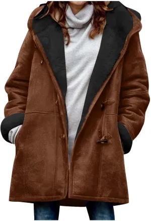 Plus Size Winter Coats For Women 2024 Warm Sherpa Fleece Lined Jackets Horn Button Hooded Suede Pea Coat Outerwear