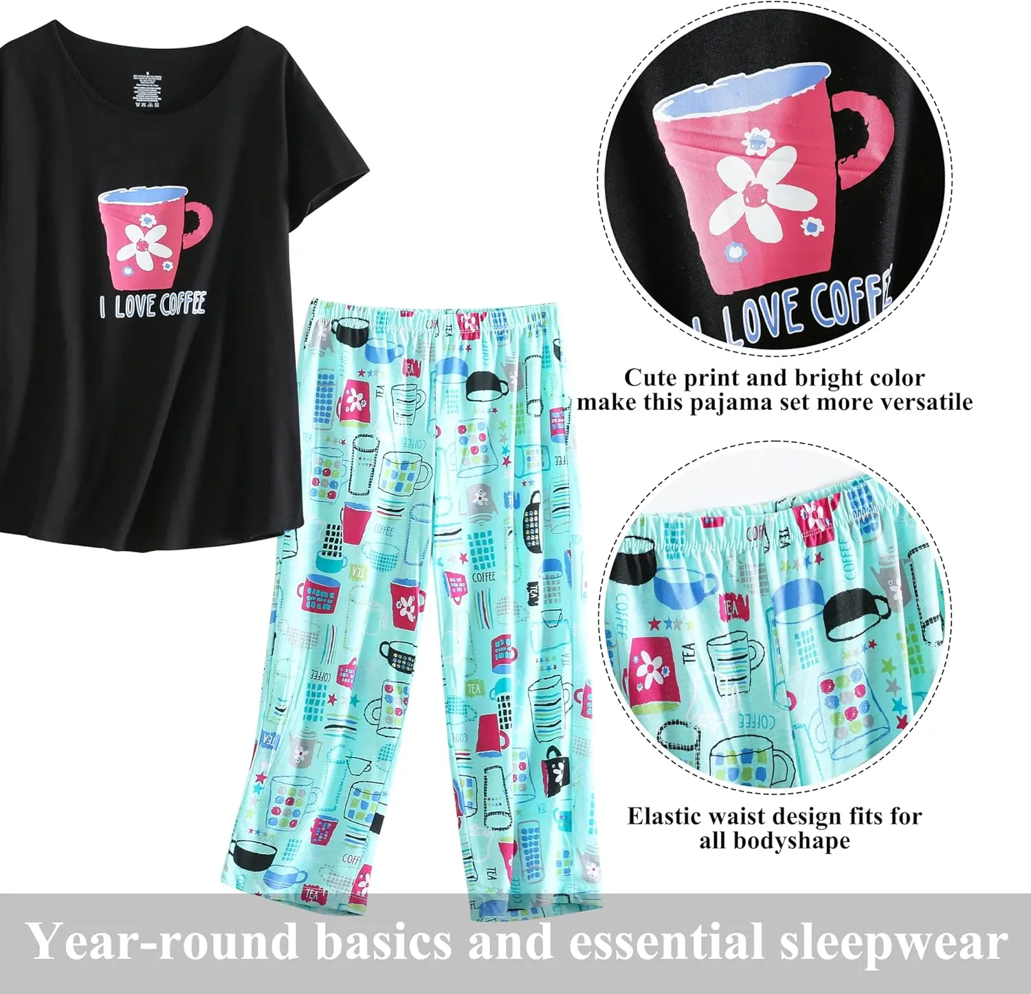 PNAEONG Women Pajama Set Sleepwear Tops with Capri Pants Casual and Fun Prints Pajama Sets