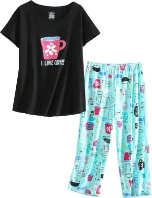 PNAEONG Women Pajama Set Sleepwear Tops with Capri Pants Casual and Fun Prints Pajama Sets