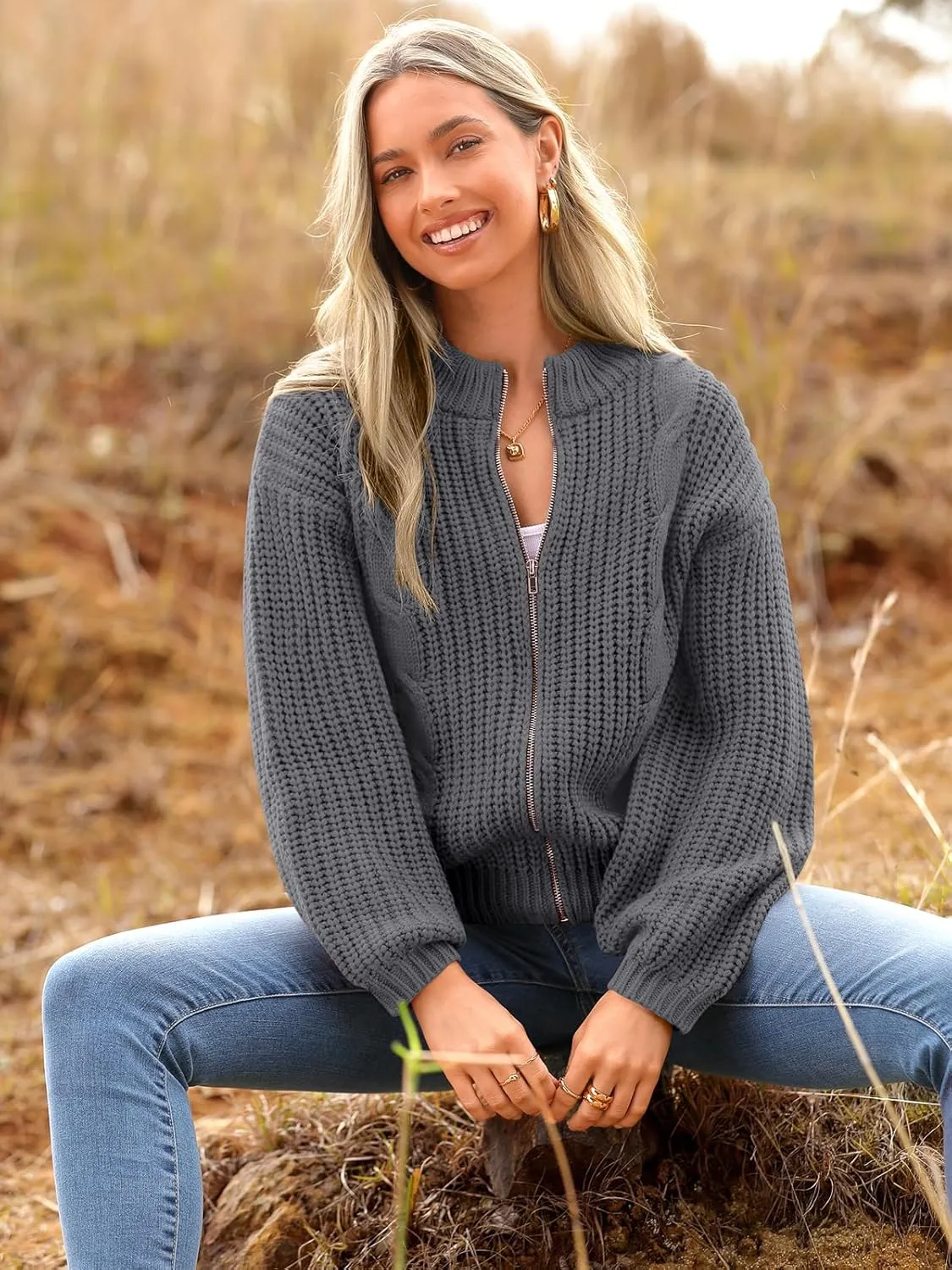 PRETTYGARDEN Women's Chunky Knit Open Front Sweater Long Sleeve Zipper Loose Short Cardigan Outerwear Coats
