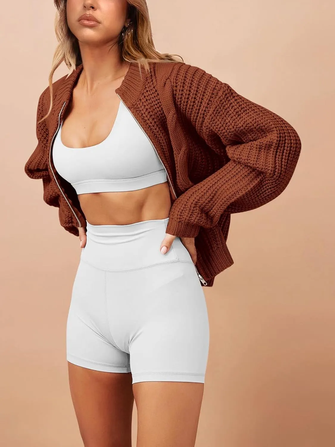 PRETTYGARDEN Women's Chunky Knit Open Front Sweater Long Sleeve Zipper Loose Short Cardigan Outerwear Coats