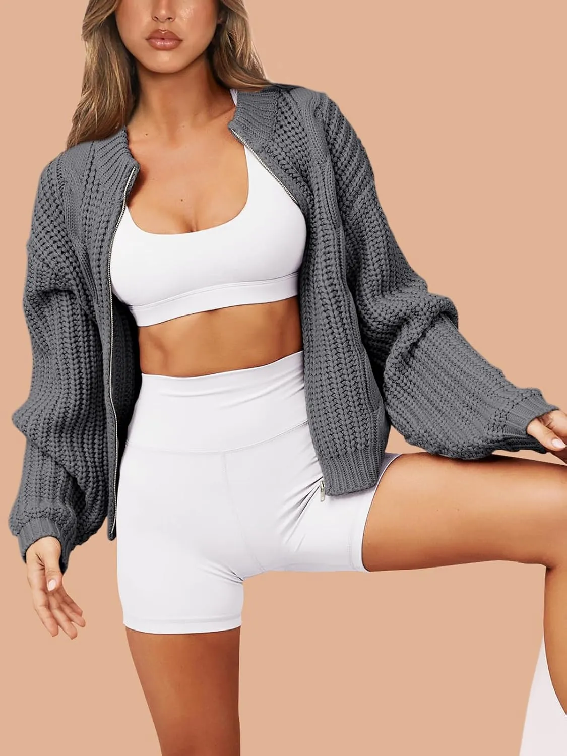 PRETTYGARDEN Women's Chunky Knit Open Front Sweater Long Sleeve Zipper Loose Short Cardigan Outerwear Coats