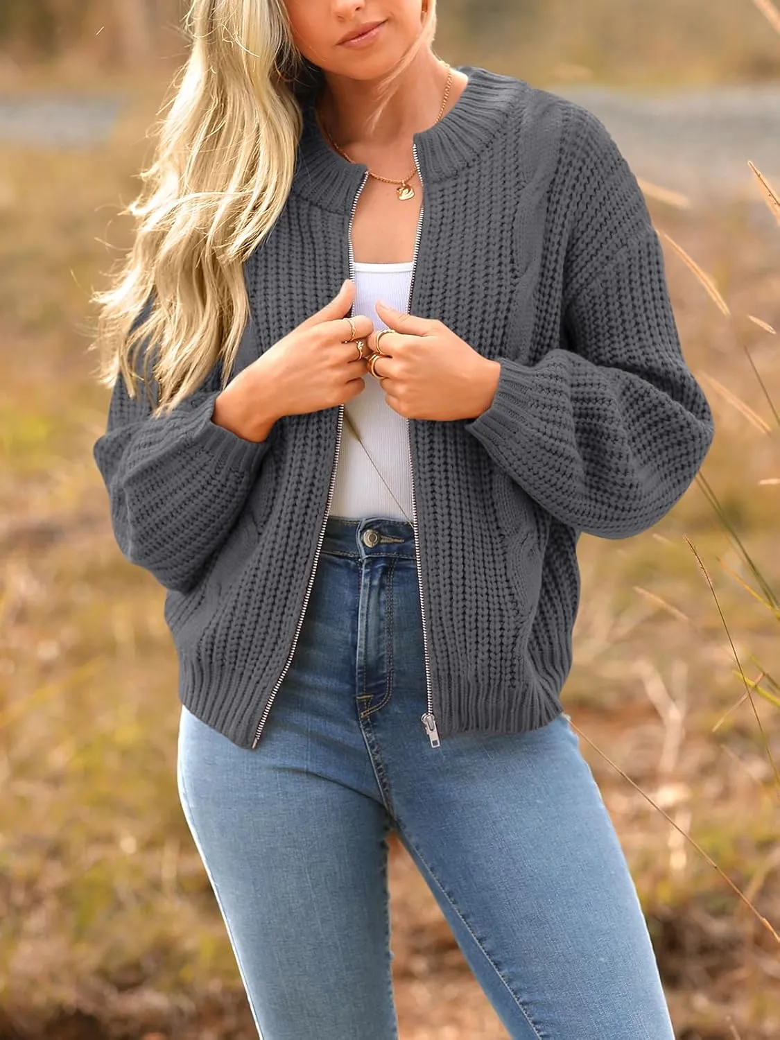 PRETTYGARDEN Women's Chunky Knit Open Front Sweater Long Sleeve Zipper Loose Short Cardigan Outerwear Coats