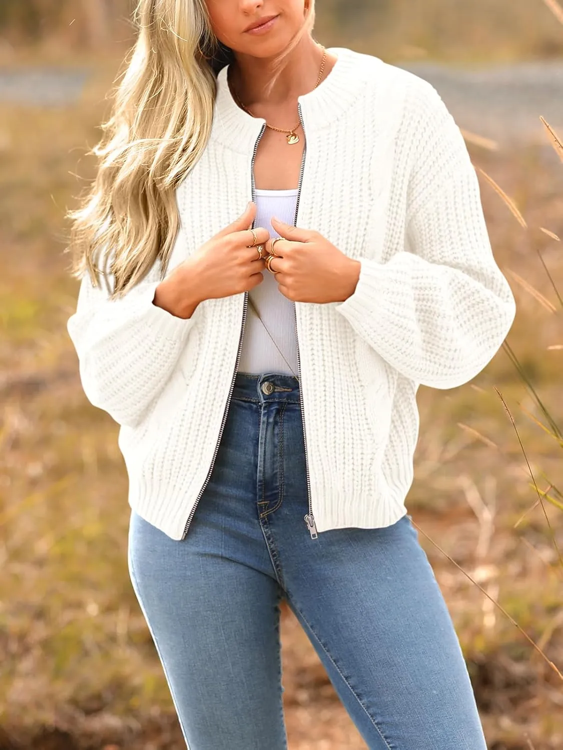 PRETTYGARDEN Women's Chunky Knit Open Front Sweater Long Sleeve Zipper Loose Short Cardigan Outerwear Coats