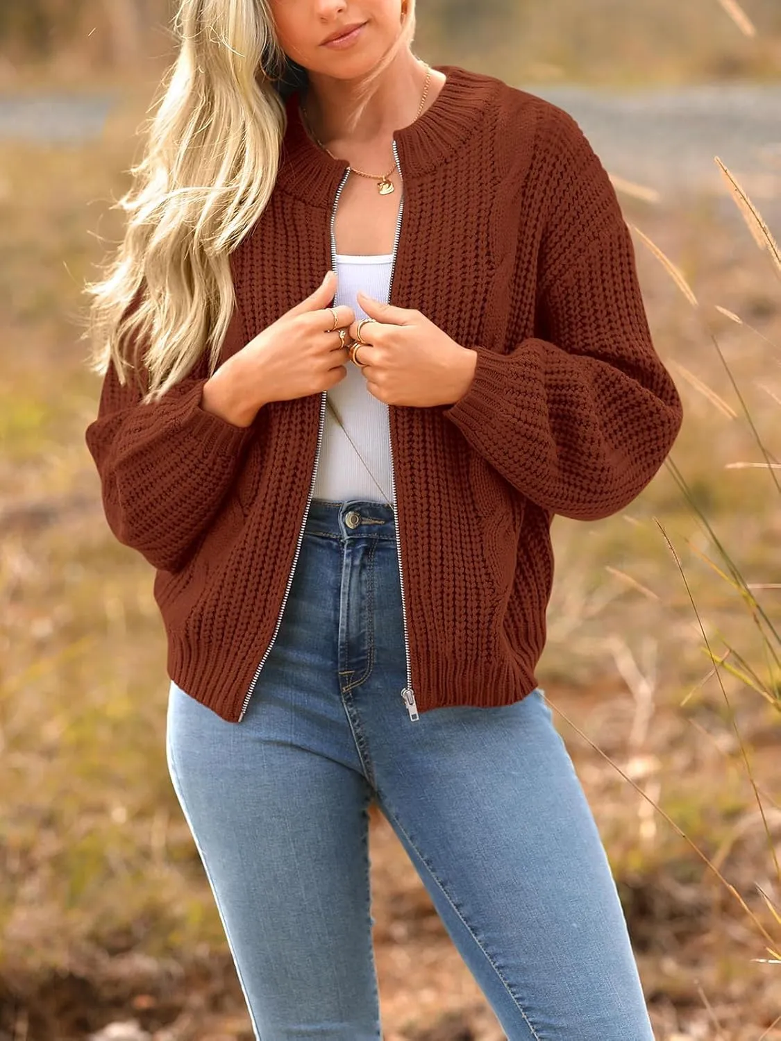 PRETTYGARDEN Women's Chunky Knit Open Front Sweater Long Sleeve Zipper Loose Short Cardigan Outerwear Coats
