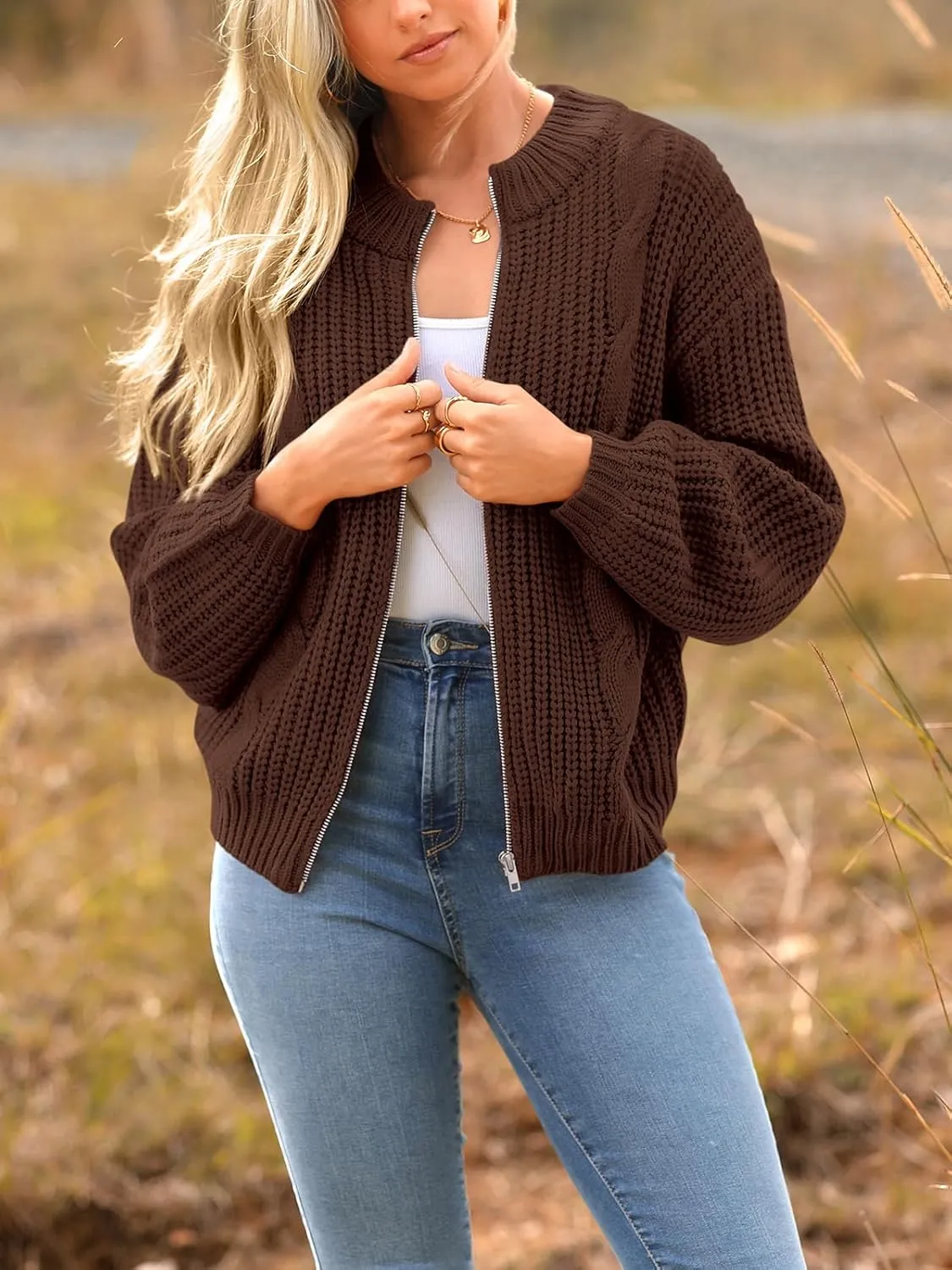 PRETTYGARDEN Women's Chunky Knit Open Front Sweater Long Sleeve Zipper Loose Short Cardigan Outerwear Coats