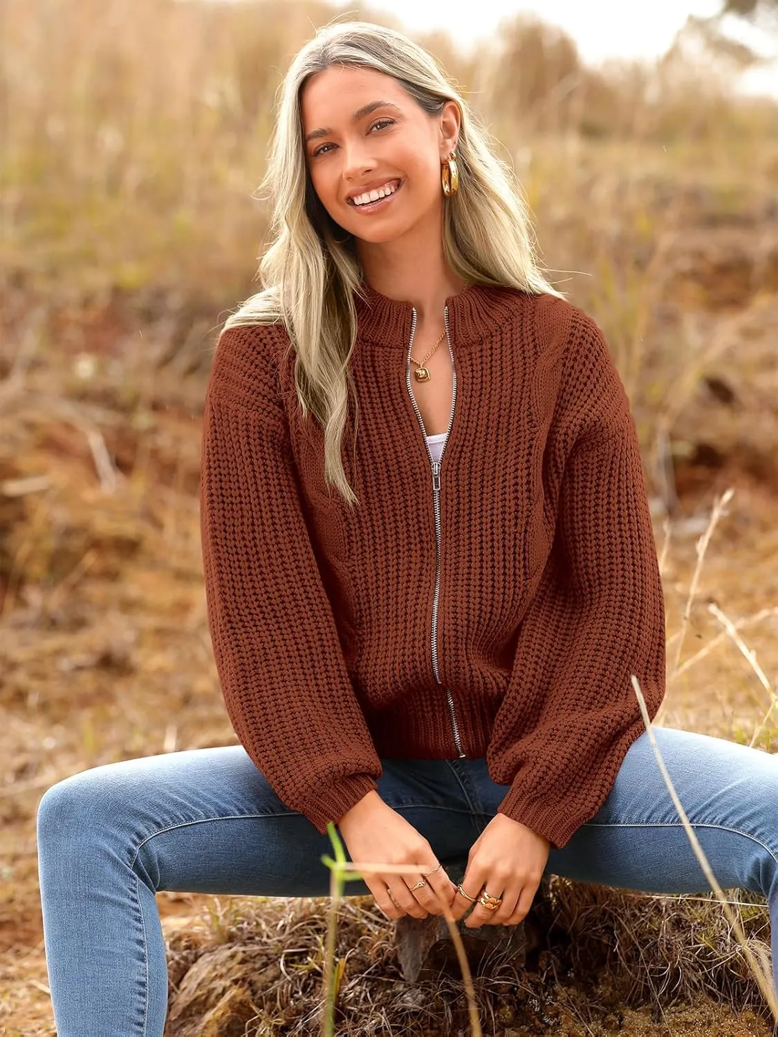 PRETTYGARDEN Women's Chunky Knit Open Front Sweater Long Sleeve Zipper Loose Short Cardigan Outerwear Coats