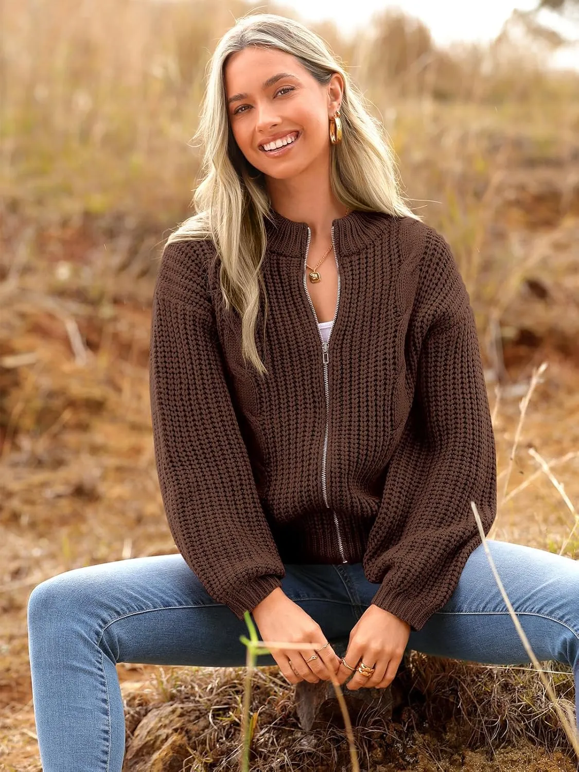 PRETTYGARDEN Women's Chunky Knit Open Front Sweater Long Sleeve Zipper Loose Short Cardigan Outerwear Coats
