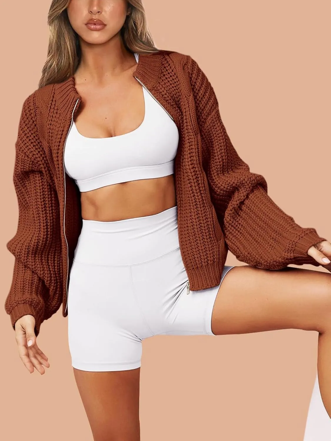 PRETTYGARDEN Women's Chunky Knit Open Front Sweater Long Sleeve Zipper Loose Short Cardigan Outerwear Coats
