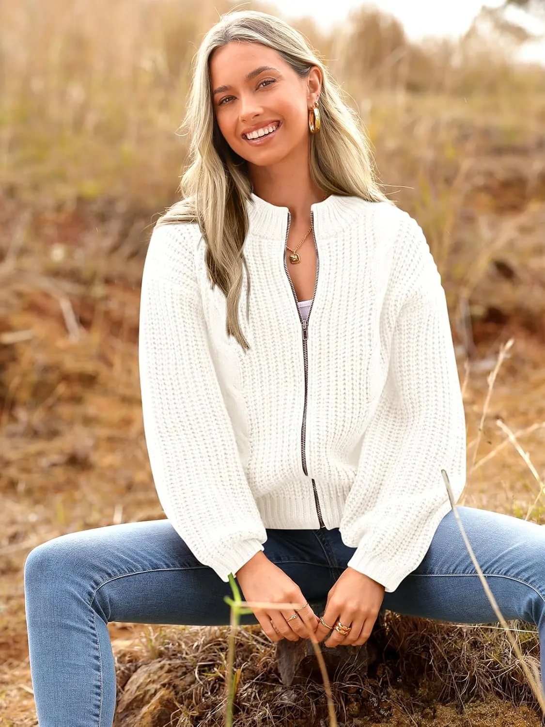 PRETTYGARDEN Women's Chunky Knit Open Front Sweater Long Sleeve Zipper Loose Short Cardigan Outerwear Coats