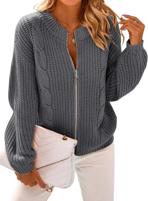 PRETTYGARDEN Women's Chunky Knit Open Front Sweater Long Sleeve Zipper Loose Short Cardigan Outerwear Coats