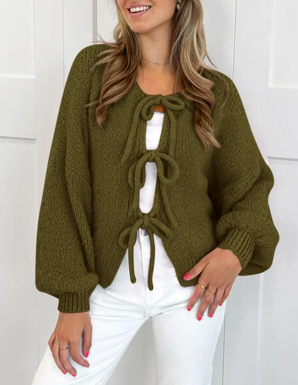 PRETTYGARDEN Women's Tie Front Bow Cardigan Sweaters Chunky Knit Long Puff Sleeve Trendy Fall Winter Jacket Coats