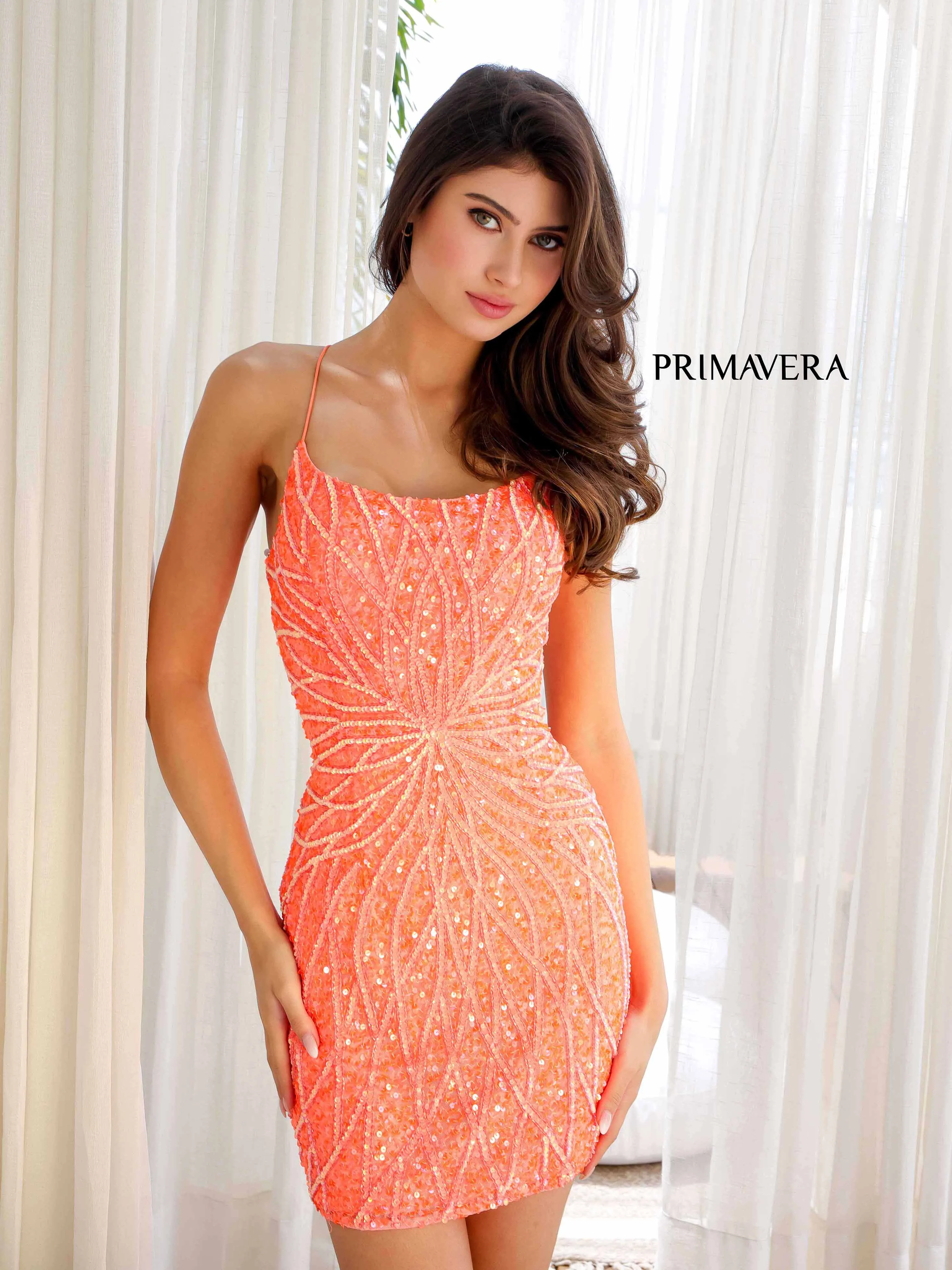 Primavera Couture 4001 Size 2 Coral Cocktail Dress Beaded Embellished Sequin Design