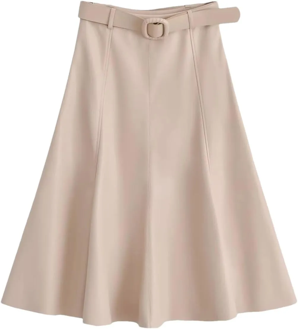 PU Leather Skirt Women's A-Line Skirts with Belt Beige Midi High-Waist Pleated Skirt Woman Skirts Faux Leather Skirt