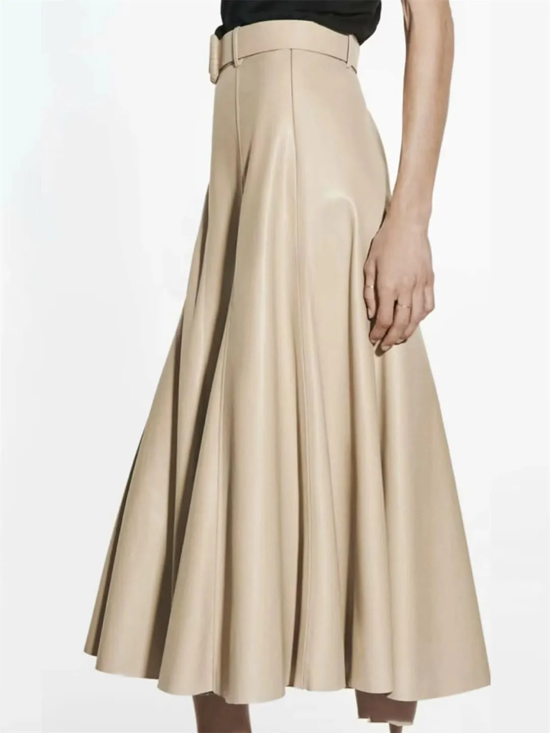 PU Leather Skirt Women's A-Line Skirts with Belt Beige Midi High-Waist Pleated Skirt Woman Skirts Faux Leather Skirt