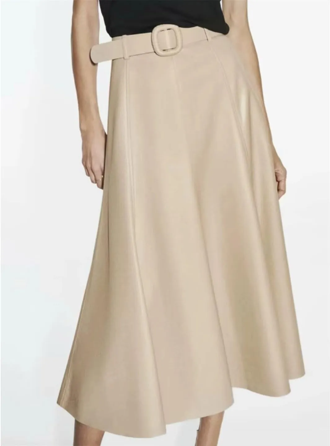 PU Leather Skirt Women's A-Line Skirts with Belt Beige Midi High-Waist Pleated Skirt Woman Skirts Faux Leather Skirt