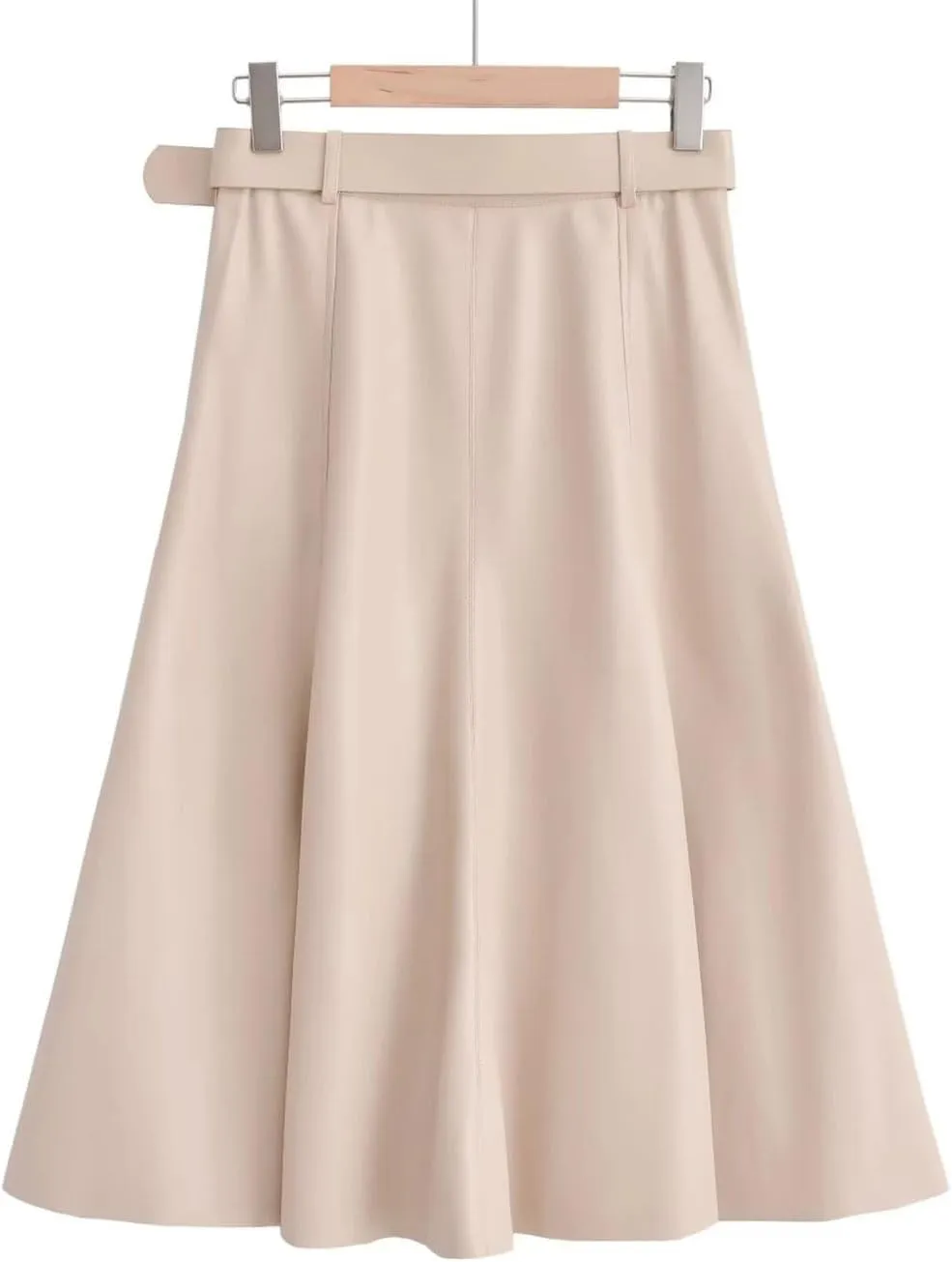 PU Leather Skirt Women's A-Line Skirts with Belt Beige Midi High-Waist Pleated Skirt Woman Skirts Faux Leather Skirt