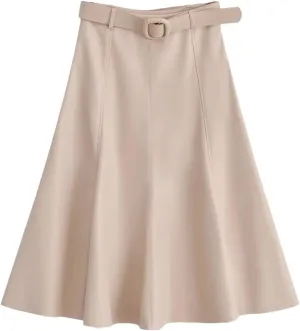 PU Leather Skirt Women's A-Line Skirts with Belt Beige Midi High-Waist Pleated Skirt Woman Skirts Faux Leather Skirt