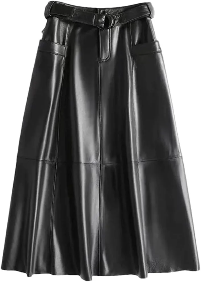 Pulcykp Women Leather A-Line Midi Skirt High Waist Leather Umbrella Skirt Solid Office Formal Skirt