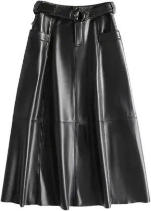 Pulcykp Women Leather A-Line Midi Skirt High Waist Leather Umbrella Skirt Solid Office Formal Skirt