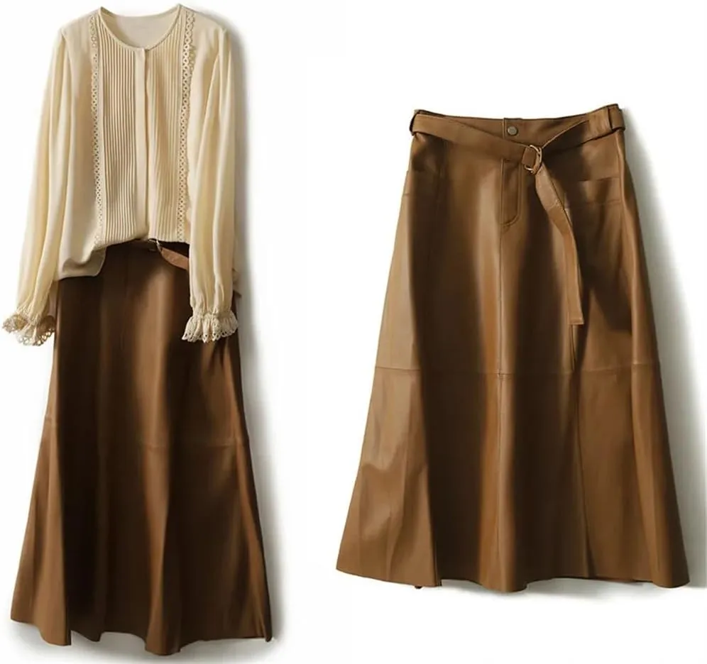Pulcykp Women Leather A-Line Midi Skirt High Waist Leather Umbrella Skirt Solid Office Formal Skirt
