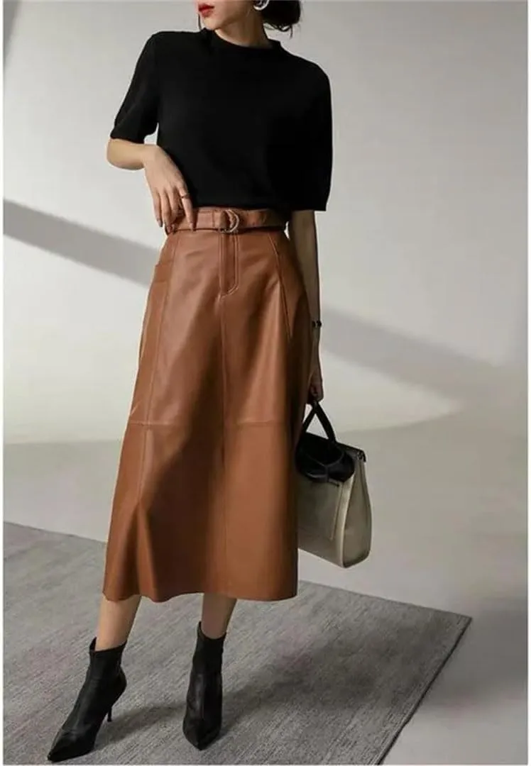 Pulcykp Women Leather A-Line Midi Skirt High Waist Leather Umbrella Skirt Solid Office Formal Skirt