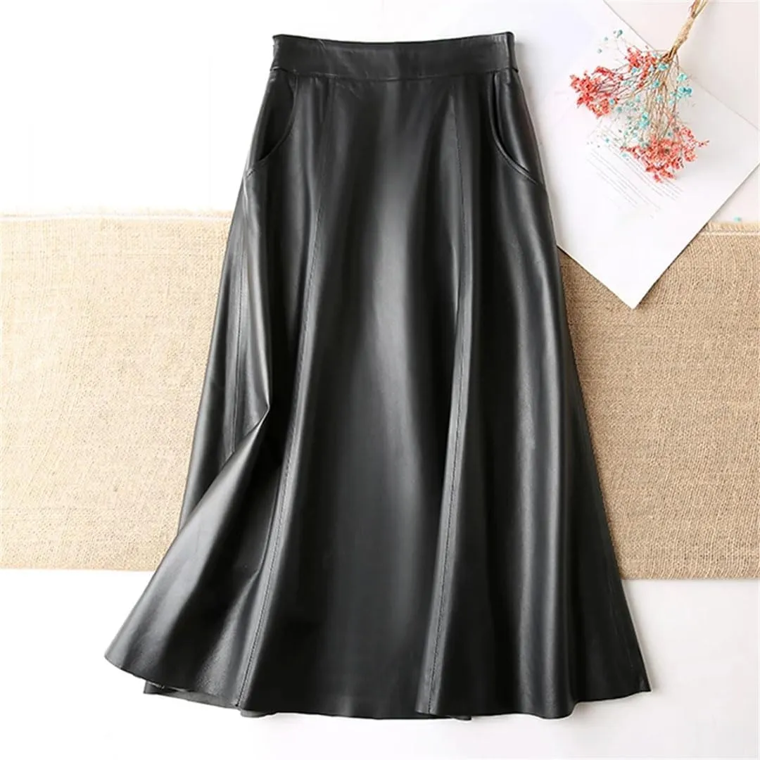 Pulcykp Women Leather A-Line Midi Skirt High Waist Umbrella Skirt Solid Pockets Big Hem Skirt