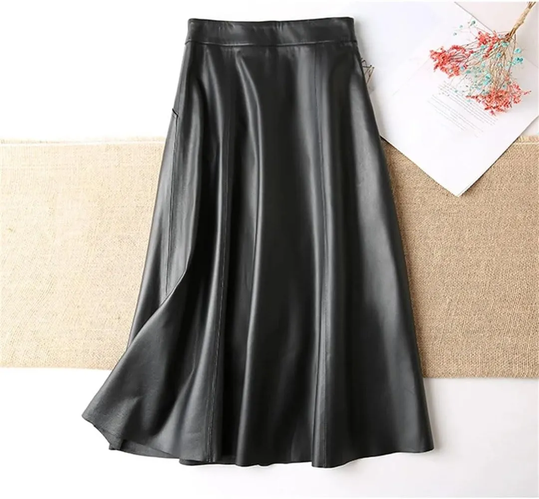 Pulcykp Women Leather A-Line Midi Skirt High Waist Umbrella Skirt Solid Pockets Big Hem Skirt