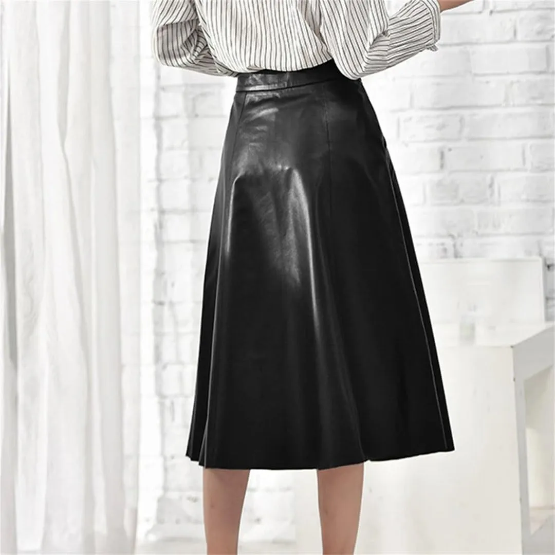 Pulcykp Women Leather A-Line Midi Skirt High Waist Umbrella Skirt Solid Pockets Big Hem Skirt