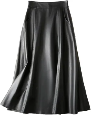 Pulcykp Women Leather A-Line Midi Skirt High Waist Umbrella Skirt Solid Pockets Big Hem Skirt