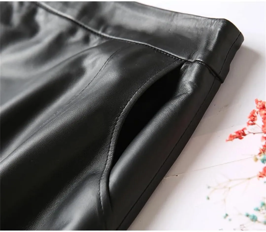 Pulcykp Women Leather A-Line Midi Skirt High Waist Umbrella Skirt Solid Pockets Big Hem Skirt