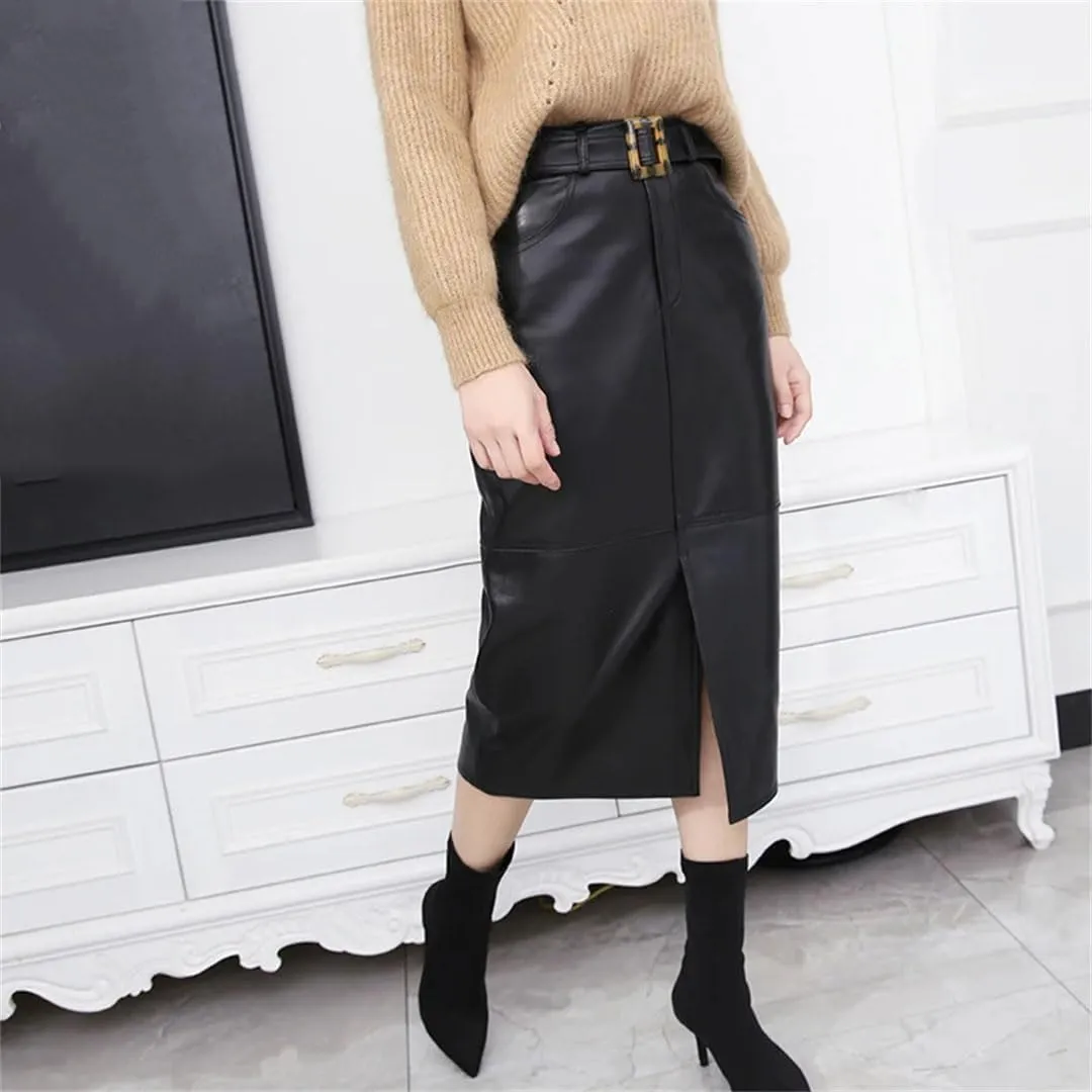 Pulcykp Women Leather Pencil Skirt Harajuku High Waist Leopard Belt Wrap Skirt Bodycon Solid Midi Skirt