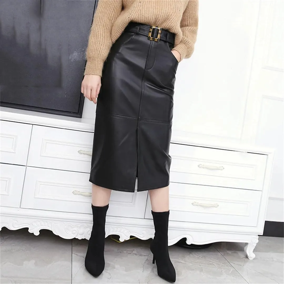 Pulcykp Women Leather Pencil Skirt Harajuku High Waist Leopard Belt Wrap Skirt Bodycon Solid Midi Skirt
