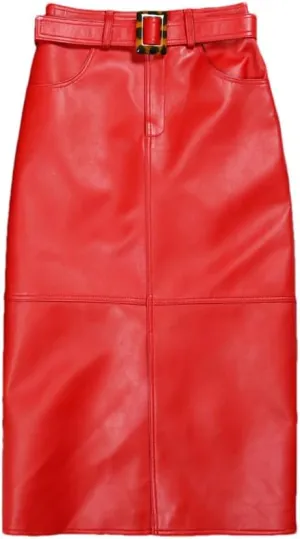 Pulcykp Women Leather Pencil Skirt Harajuku High Waist Leopard Belt Wrap Skirt Bodycon Solid Midi Skirt