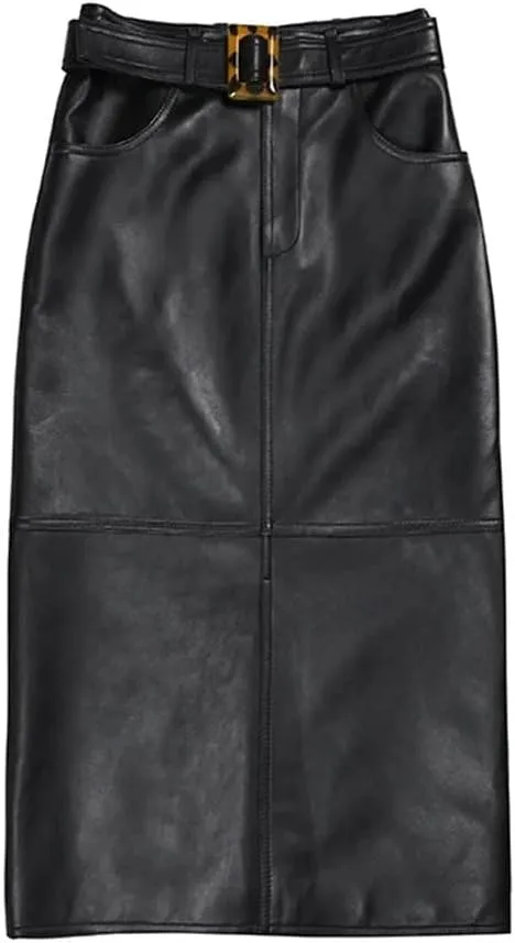 Pulcykp Women Leather Pencil Skirt Harajuku High Waist Leopard Belt Wrap Skirt Bodycon Solid Midi Skirt
