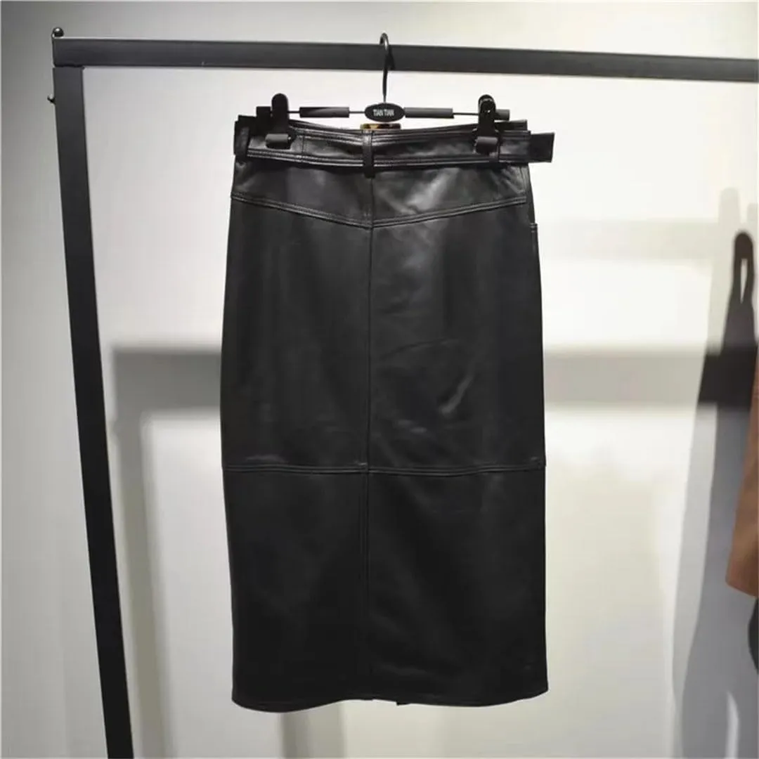 Pulcykp Women Leather Pencil Skirt Harajuku High Waist Leopard Belt Wrap Skirt Bodycon Solid Midi Skirt