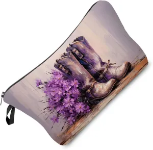 Purple Western Boots Print Makeup Bag Floral Western Cowboy Boots Small Organizer Bag Zipper Pouch Cowboy Style Oil Painting Cosmetic Bag Present for Women Friends