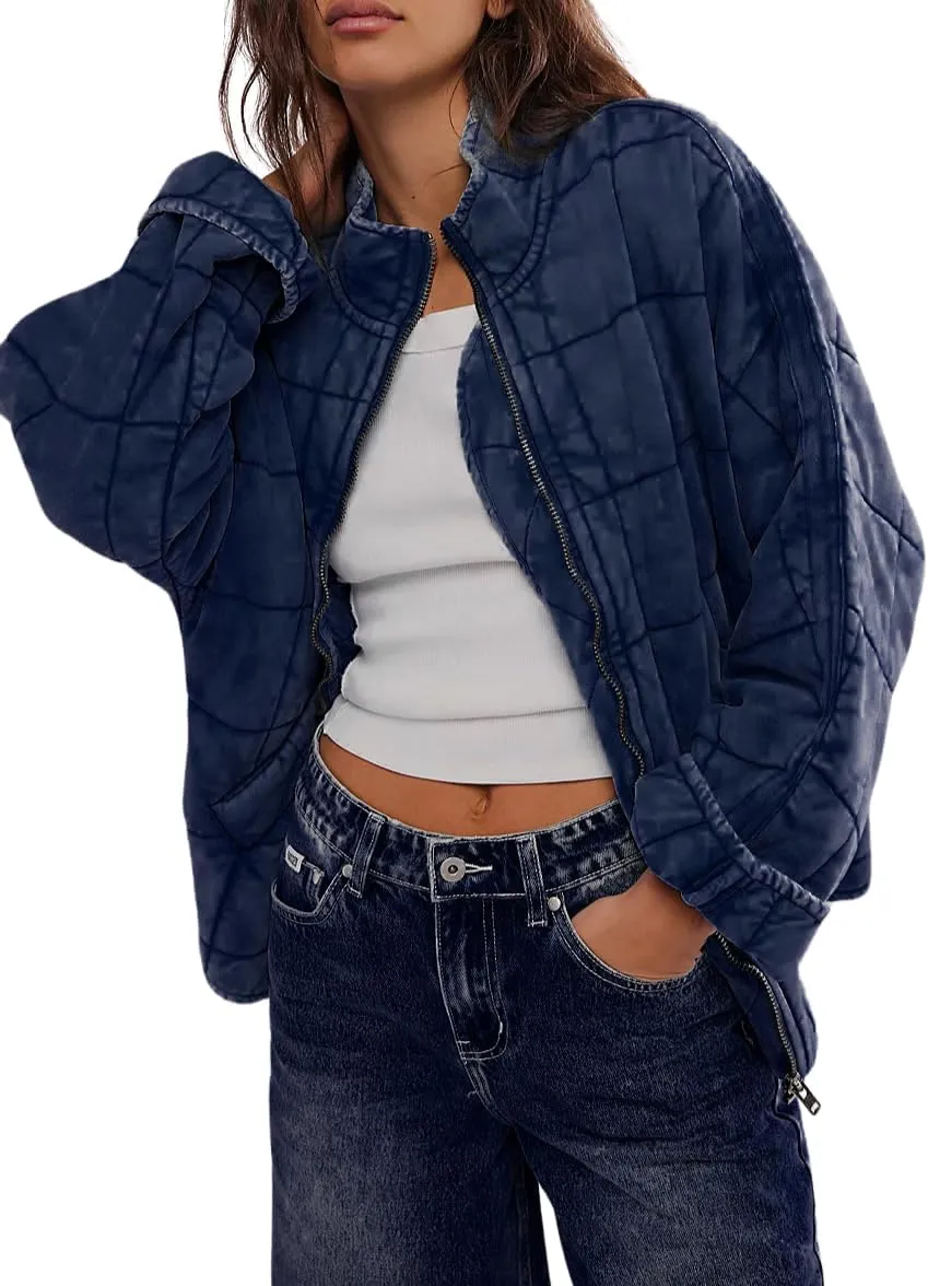 Quilted Jackets for Women Long Sleeve Zip Up Jacket Down Coat Loose Fit Puffer Jackets Winter Warm Outwear with Pockets