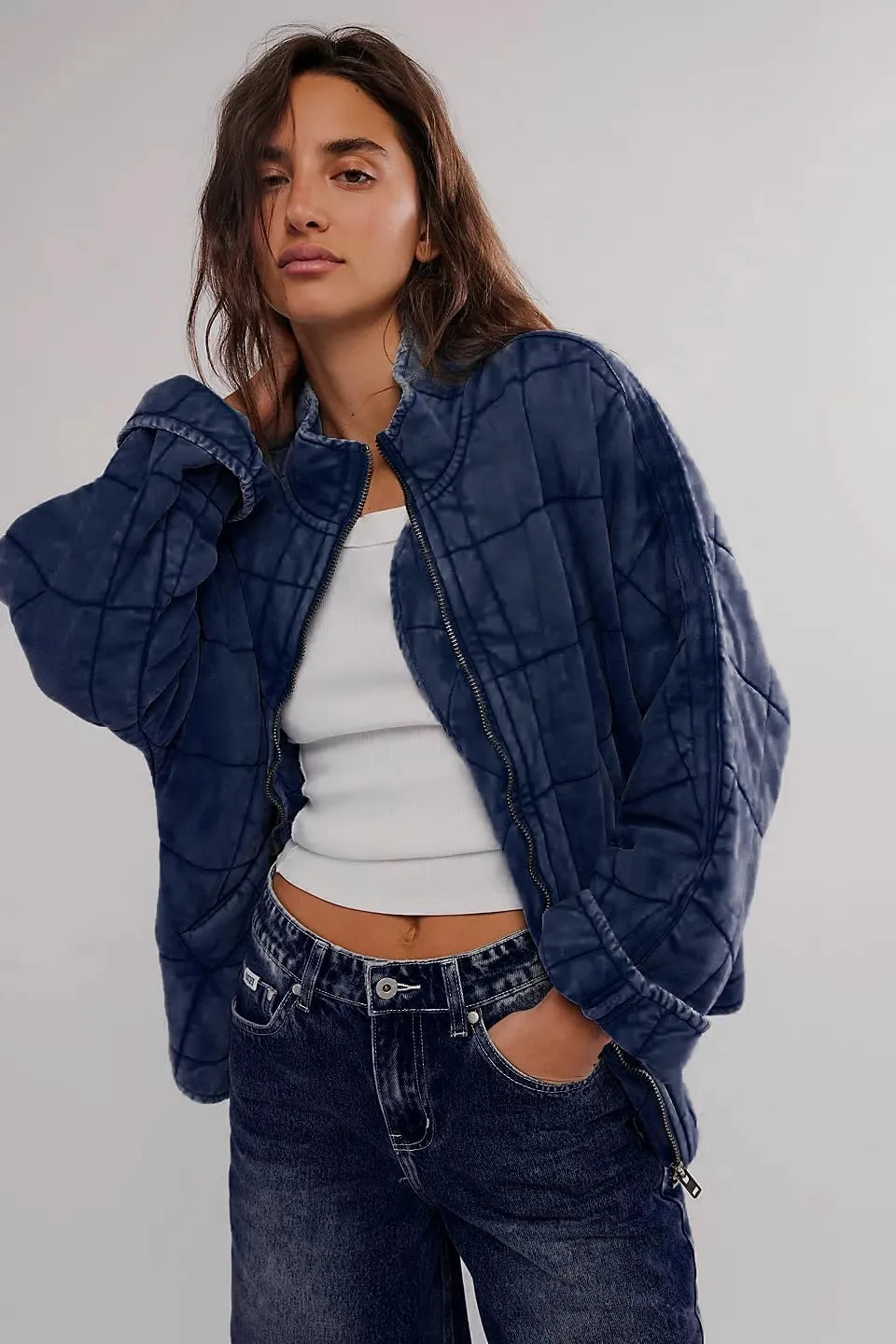 Quilted Jackets for Women Long Sleeve Zip Up Jacket Down Coat Loose Fit Puffer Jackets Winter Warm Outwear with Pockets
