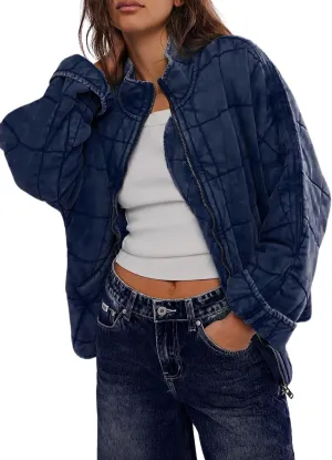 Quilted Jackets for Women Long Sleeve Zip Up Jacket Down Coat Loose Fit Puffer Jackets Winter Warm Outwear with Pockets