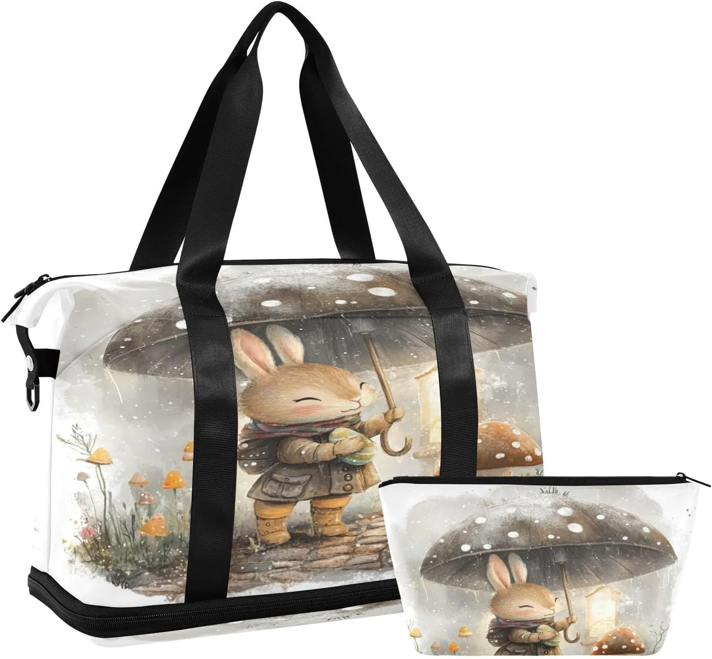 Rabbit Wearing Boots Is Holding An Umbre (2) Sports Gym Bag with Waterproof Dry Wet Pocket, Travel Duffel Bag for Women MenWorkout Bag Fits Yoga, Swimming