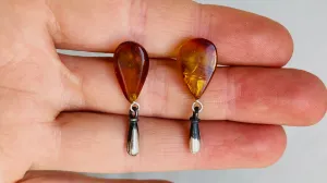 Red Amber Earrings. Monte Alban Reproduction Bells. Sterling Silver.