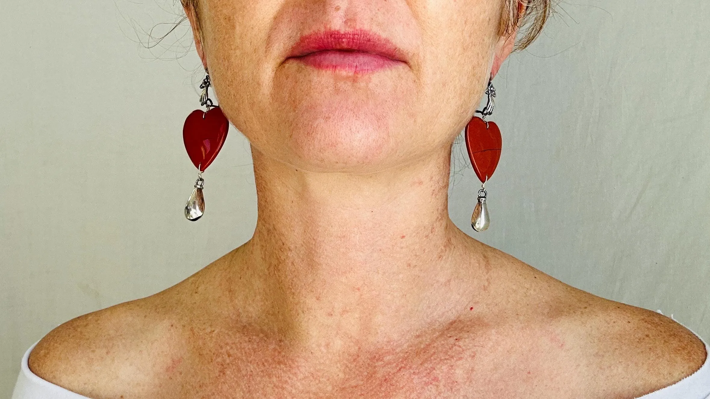 Red Jasper Heart Earrings. Monte Alban Bells Sterling Silver. 2584