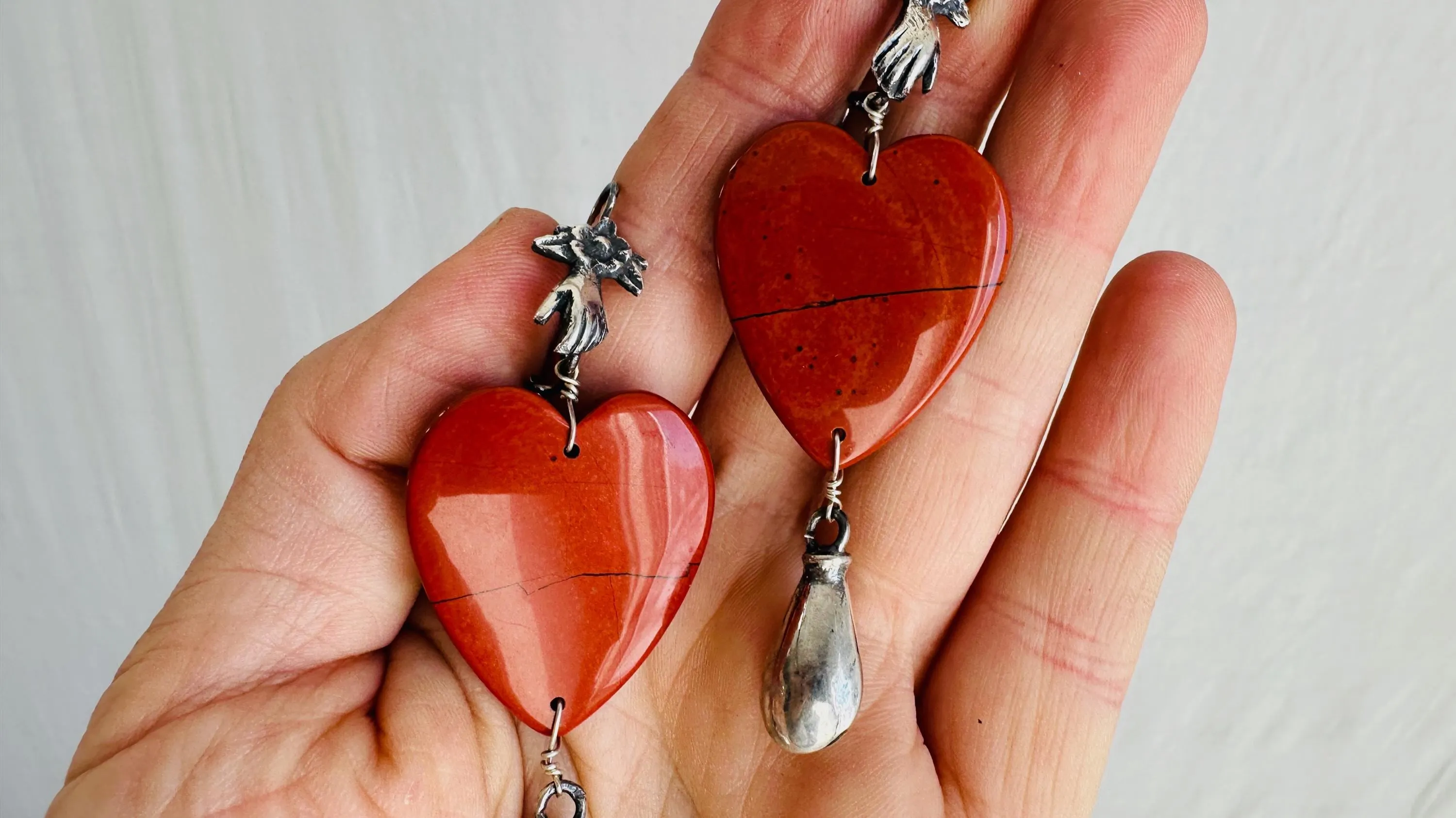 Red Jasper Heart Earrings. Monte Alban Bells Sterling Silver. 2584