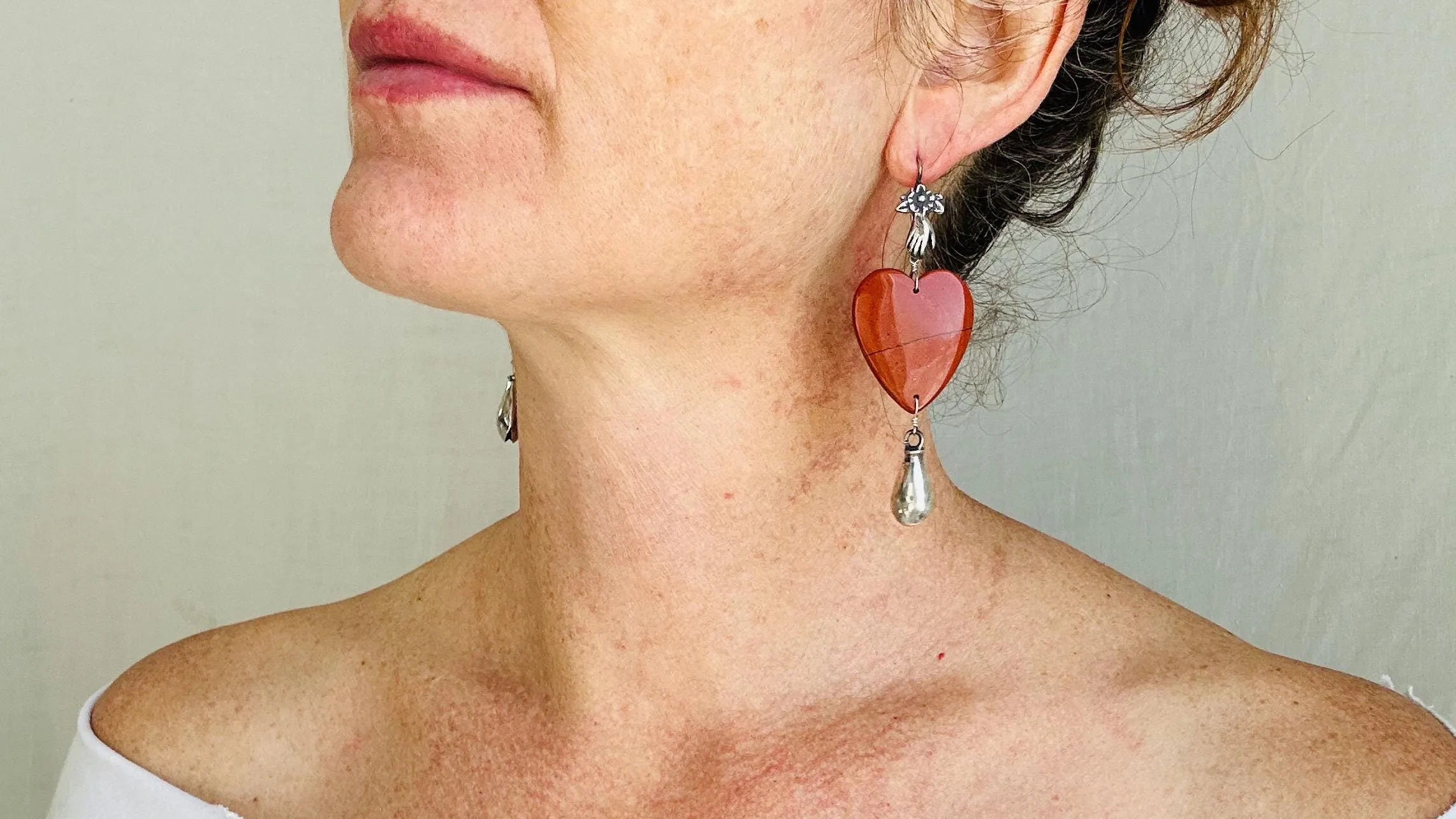 Red Jasper Heart Earrings. Monte Alban Bells Sterling Silver. 2584