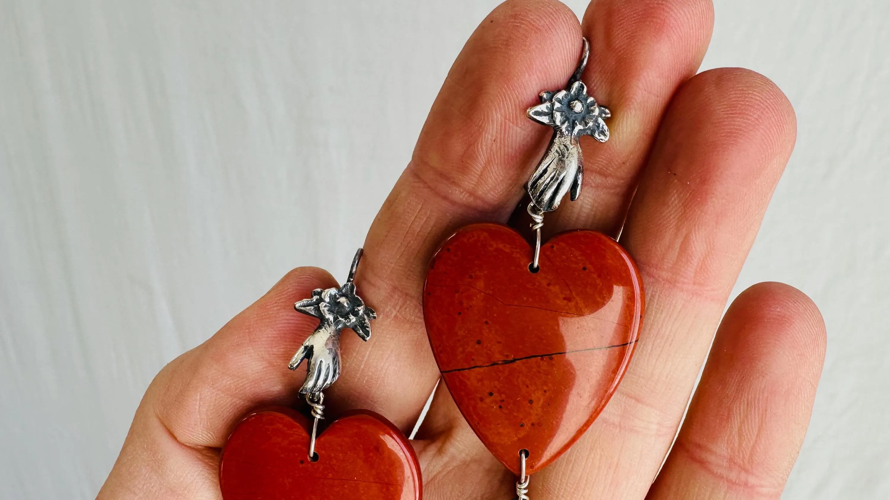 Red Jasper Heart Earrings. Monte Alban Bells Sterling Silver. 2584