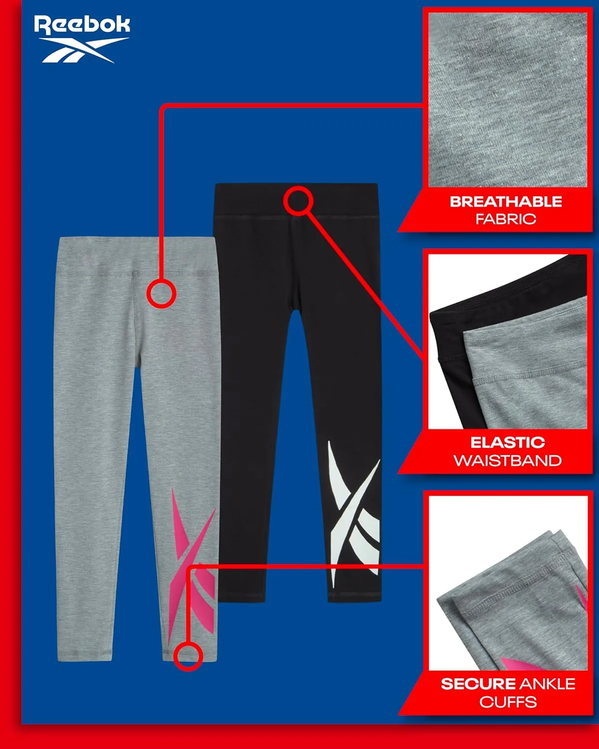 Reebok Girls Leggings - 2 Pack Athletic Performance Cotton Leggings - Yoga Pants for Girls Dance Tights (Sizes: 7-12)