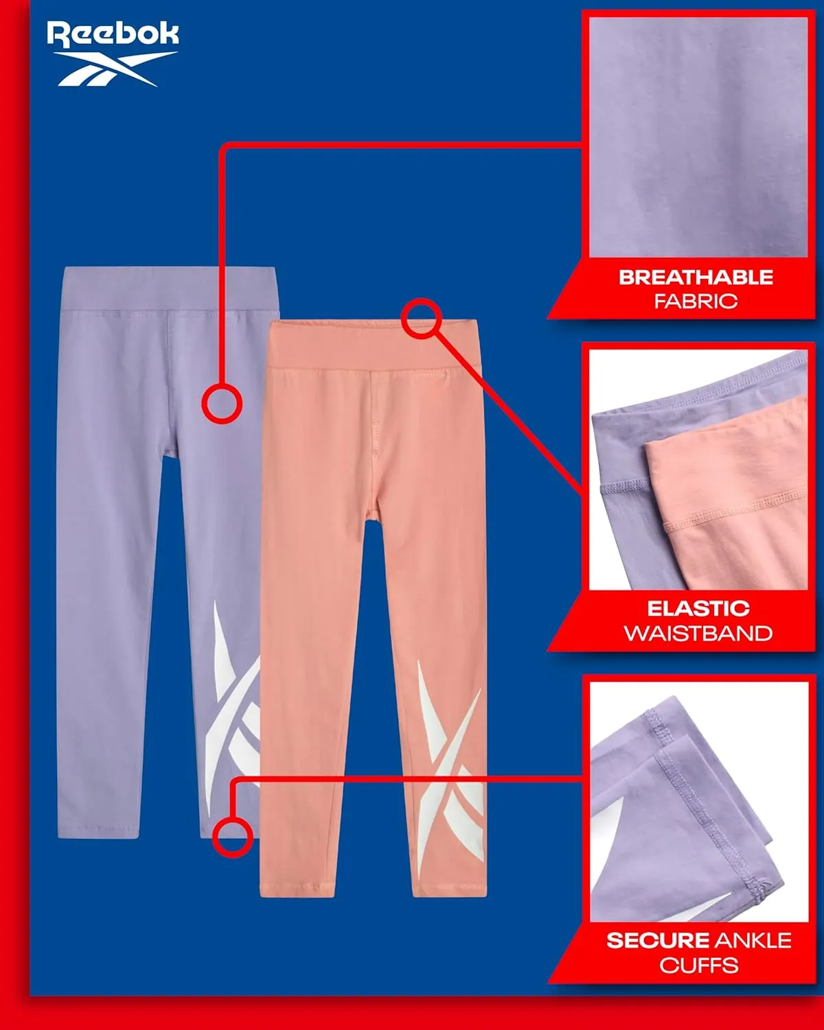 Reebok Girls Leggings - 2 Pack Athletic Performance Cotton Leggings - Yoga Pants for Girls Dance Tights (Sizes: 7-12)